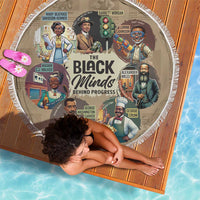 Round beige beach blanket with fringe edge and colorful circular illustrated design
