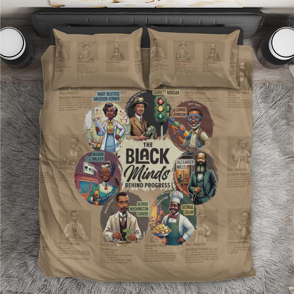 Beige duvet cover with colorful 'Black Minds Behind Progress' design and two matching pillowcases