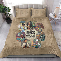 Beige duvet cover with 'The Black Minds Behind Progress' center artwork and two pillowcases
