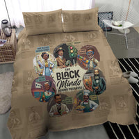 Beige duvet cover featuring a central 'The Black Minds Behind Progress' poster-style graphic