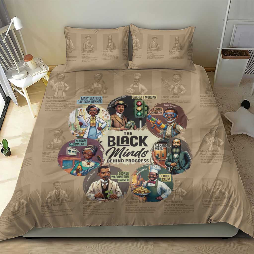 Beige duvet cover with large 'The Black Minds Behind Progress' illustration and two pillowcases