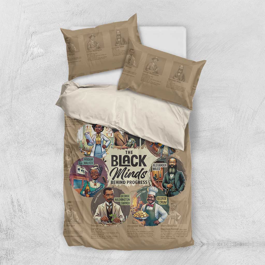 Beige bedding set with duvet cover and two pillowcases, featuring 'Black Minds Behind Progress' print