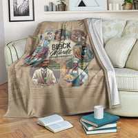 Beige blanket with colorful historical portraits graphic and bold center text