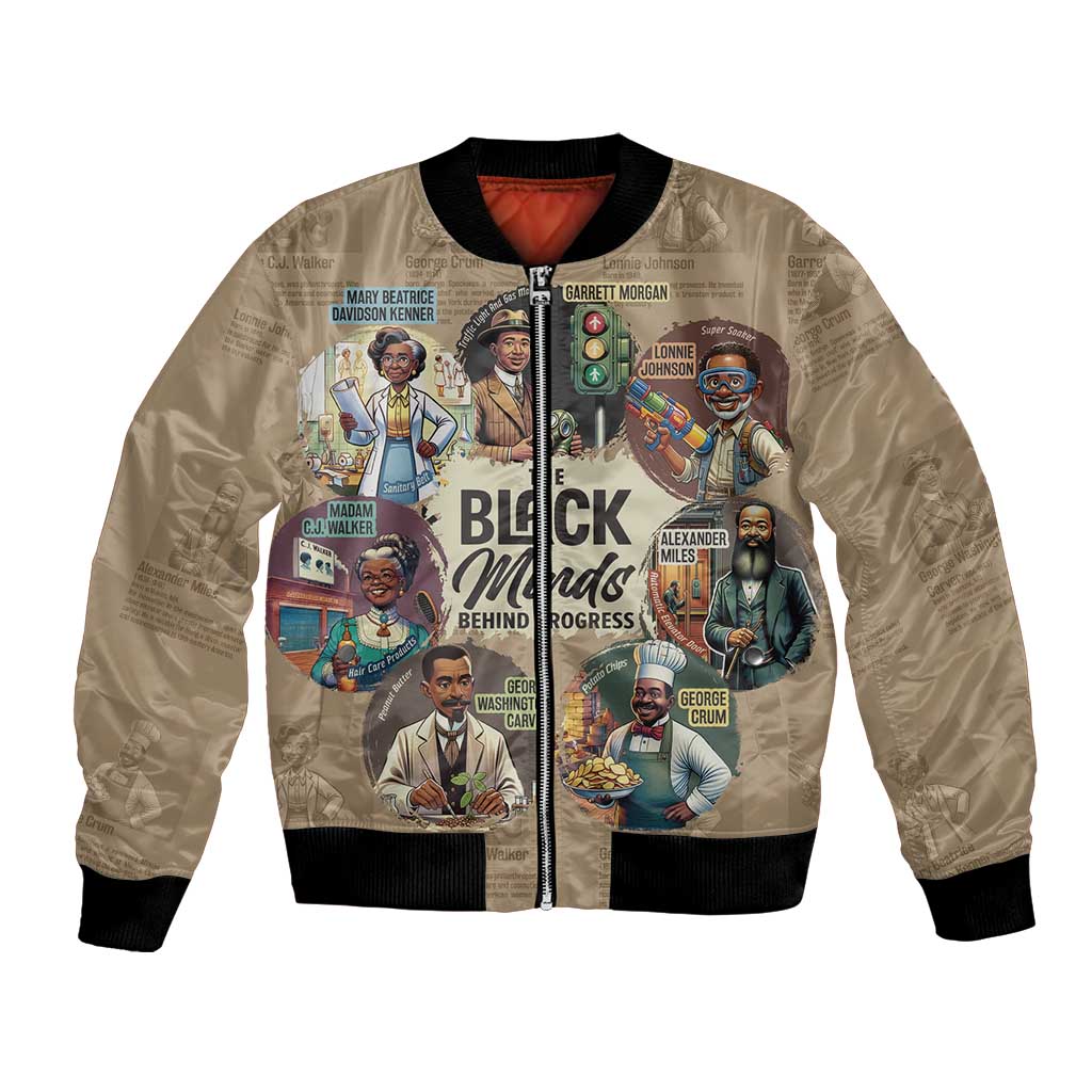 Beige bomber jacket with black rib trim and colorful front graphic, full-zip