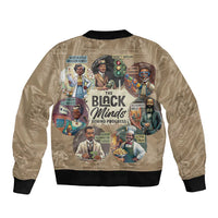 Beige bomber jacket with black rib trim and colorful back graphic, full-zip