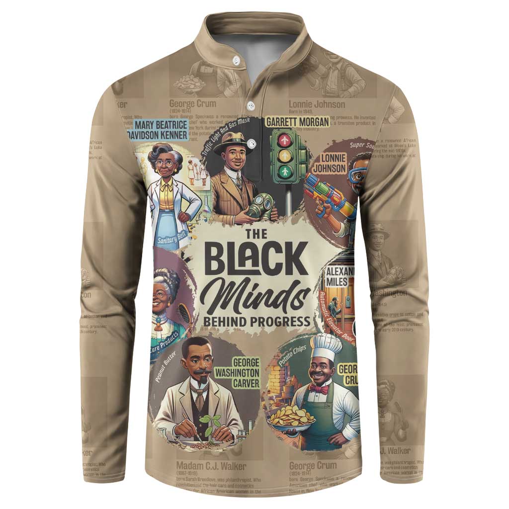 Beige button sweatshirt with large “The Black Minds Behind Progress” poster print
