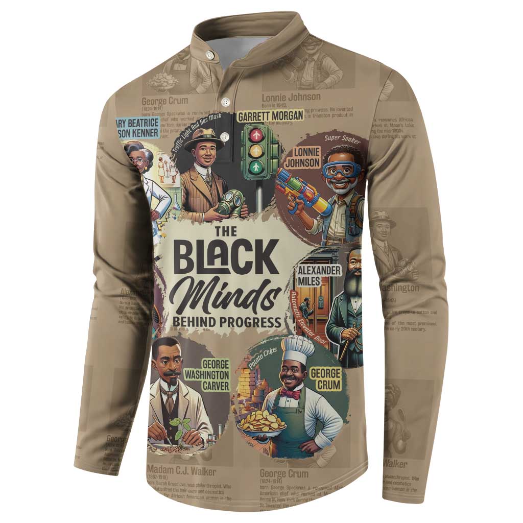 Beige button sweatshirt with centered “The Black Minds Behind Progress” poster graphic