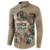 Beige button sweatshirt with centered “The Black Minds Behind Progress” poster graphic