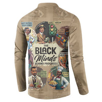 Beige button sweatshirt with back view “The Black Minds Behind Progress” poster print