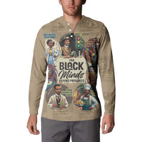 Beige button sweatshirt on model, front “The Black Minds Behind Progress” graphic