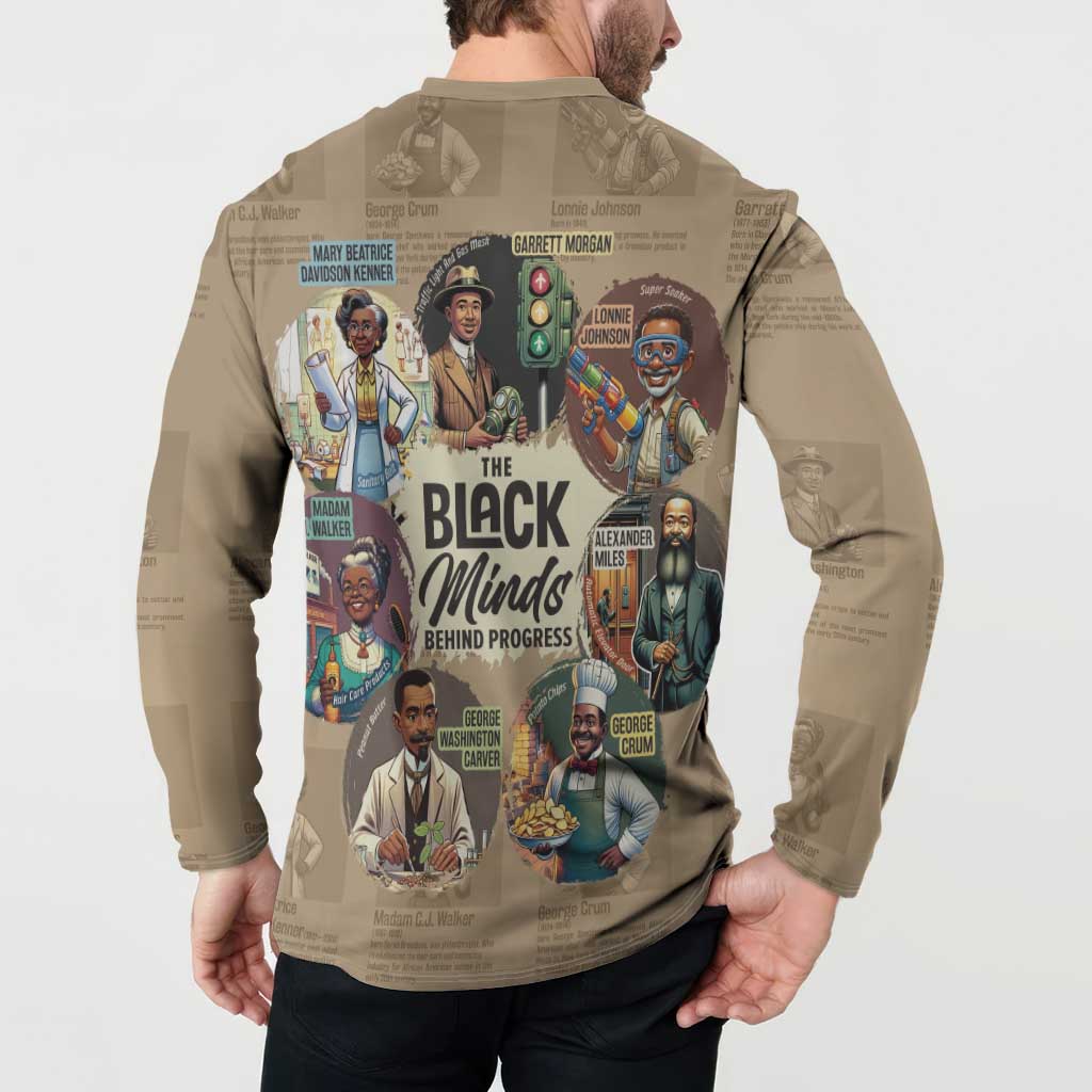 Beige button sweatshirt back view with “The Black Minds Behind Progress” poster print
