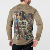 Beige button sweatshirt back view with “The Black Minds Behind Progress” poster print