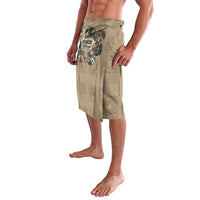 Beige graphic wrap skirt with colorful front logo print, side view
