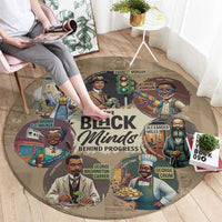 Beige round rug with “The Black Minds Behind Progress” and colorful portrait illustrations