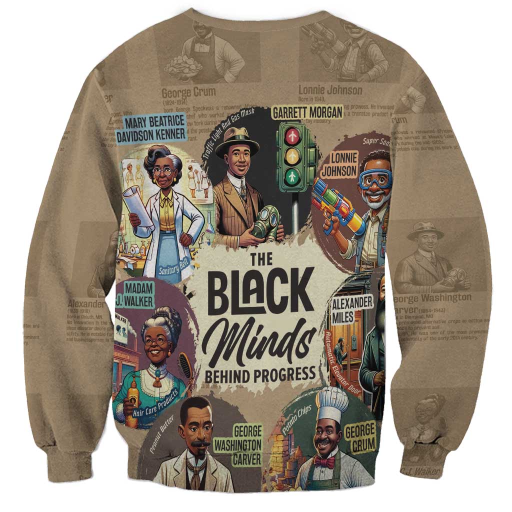 Beige unisex sweatshirt back with "The Black Minds Behind Progress" graphic and portraits
