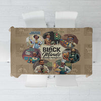 Beige tablecloth with illustrated headline design and portrait figures, rectangular fit.