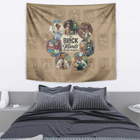 Beige tapestry featuring “The Black Minds Behind Progress” graphic and portrait collage
