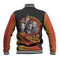 Black baseball jacket, striped cuffs, back graphic with circular text