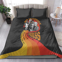 Black bedding set shown on bed with civil rights leaders artwork and two pillowcases
