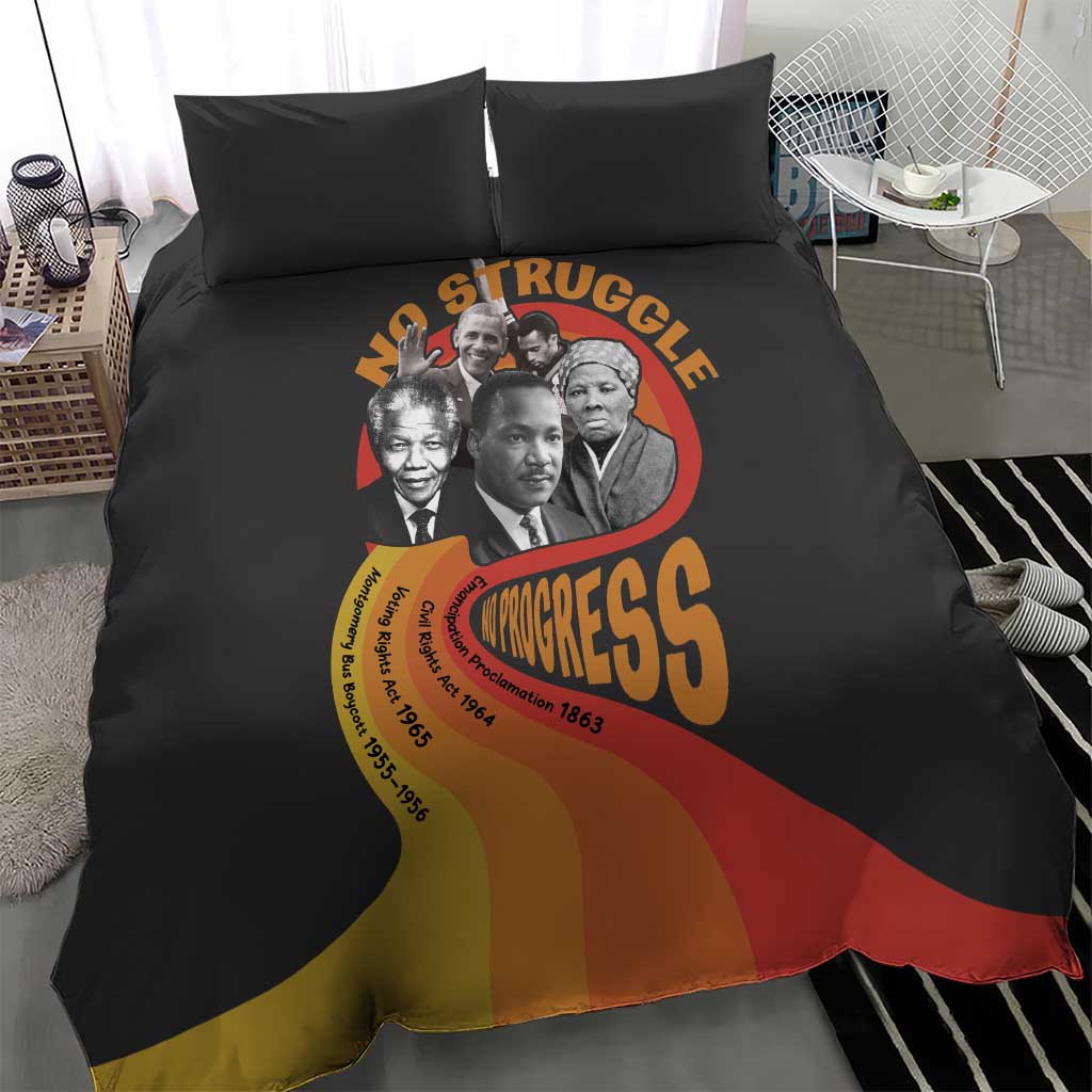 Black duvet cover bedding set with civil rights leaders and “Progress” graphic center