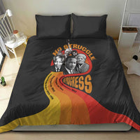 Black bedding set on bed featuring civil rights leaders artwork across duvet and pillows