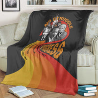 Black decorative blanket featuring leaders collage and “No Struggle” circular graphic