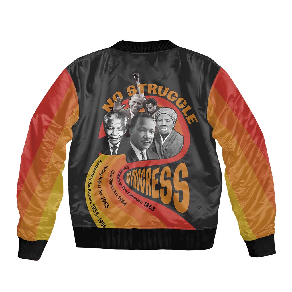 Unisex black bomber jacket, back view with large Civil Rights graphic and rib knit hem