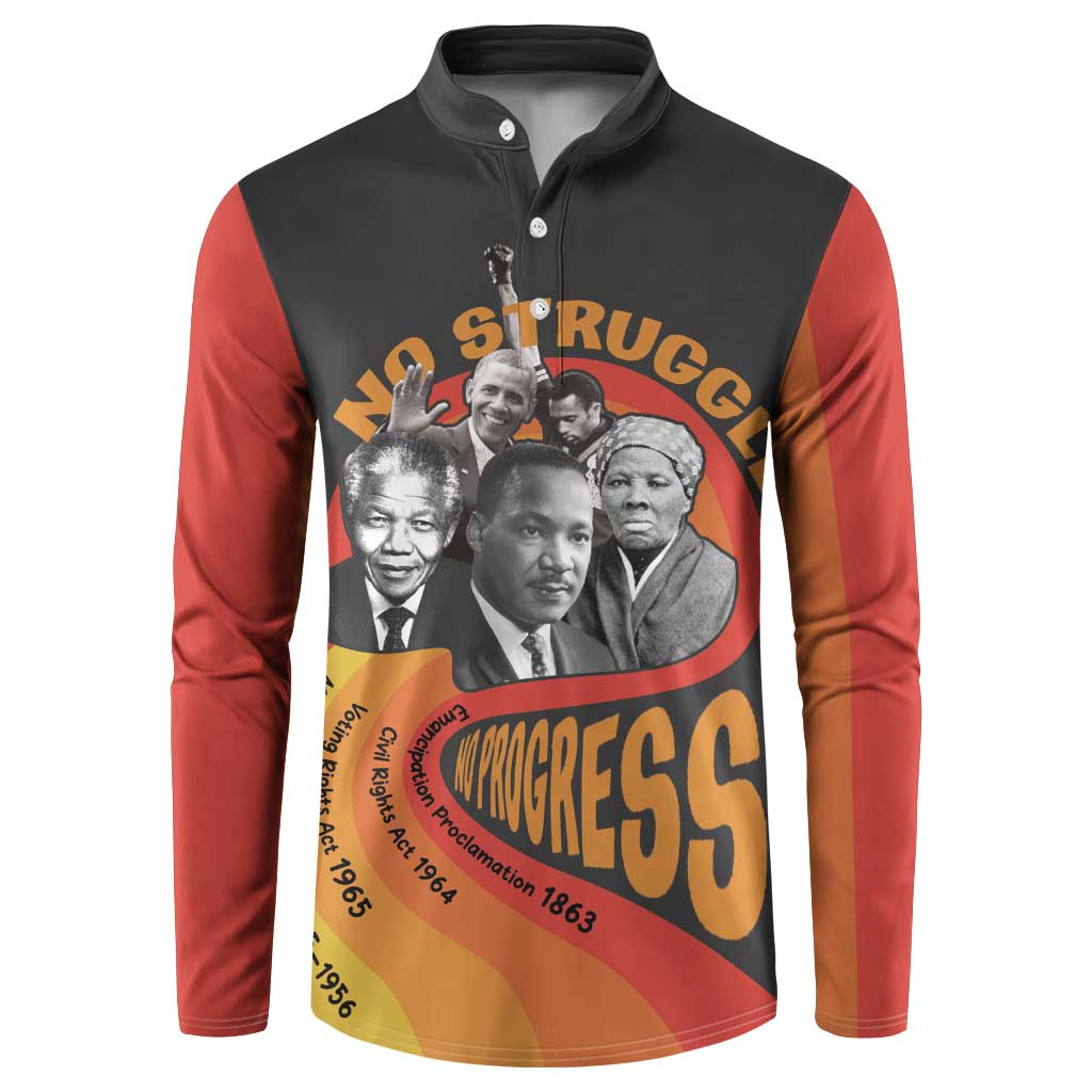 Black button sweatshirt with red sleeves and civil rights leaders graphic, 'No Struggle No Progress'
