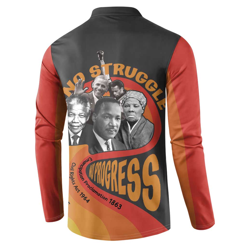 Black and red button sweatshirt with back graphic of civil rights leaders and 'Progress'