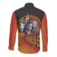 Black long-sleeve button shirt with colorful civil rights leaders back graphic