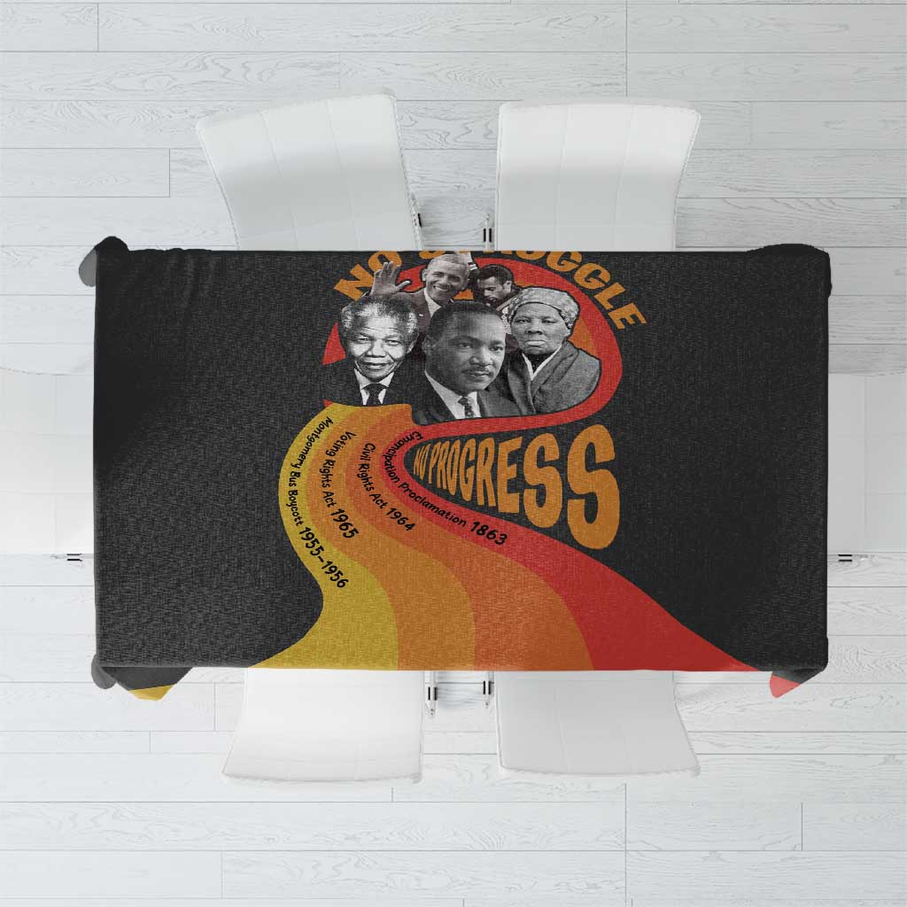 Black tablecloth folded/laid flat showing large Civil Rights leaders and Progress text graphic