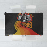 Black tablecloth folded/laid flat showing large Civil Rights leaders and Progress text graphic