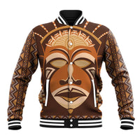 Brown baseball jacket with full-face mudcloth-style mask graphic, snap button front