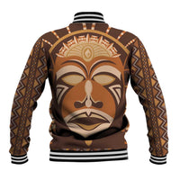 Brown baseball jacket with rear mudcloth-style mask graphic, ribbed striped cuffs