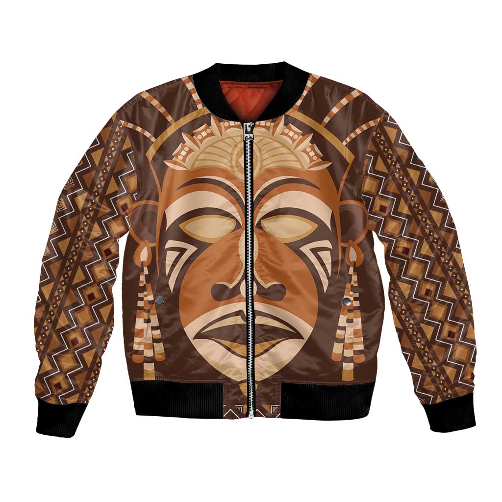 Unisex bomber jacket with front zipper, black ribbed cuffs, tribal face print