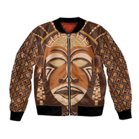 Unisex bomber jacket with front zipper, black ribbed cuffs, tribal face print