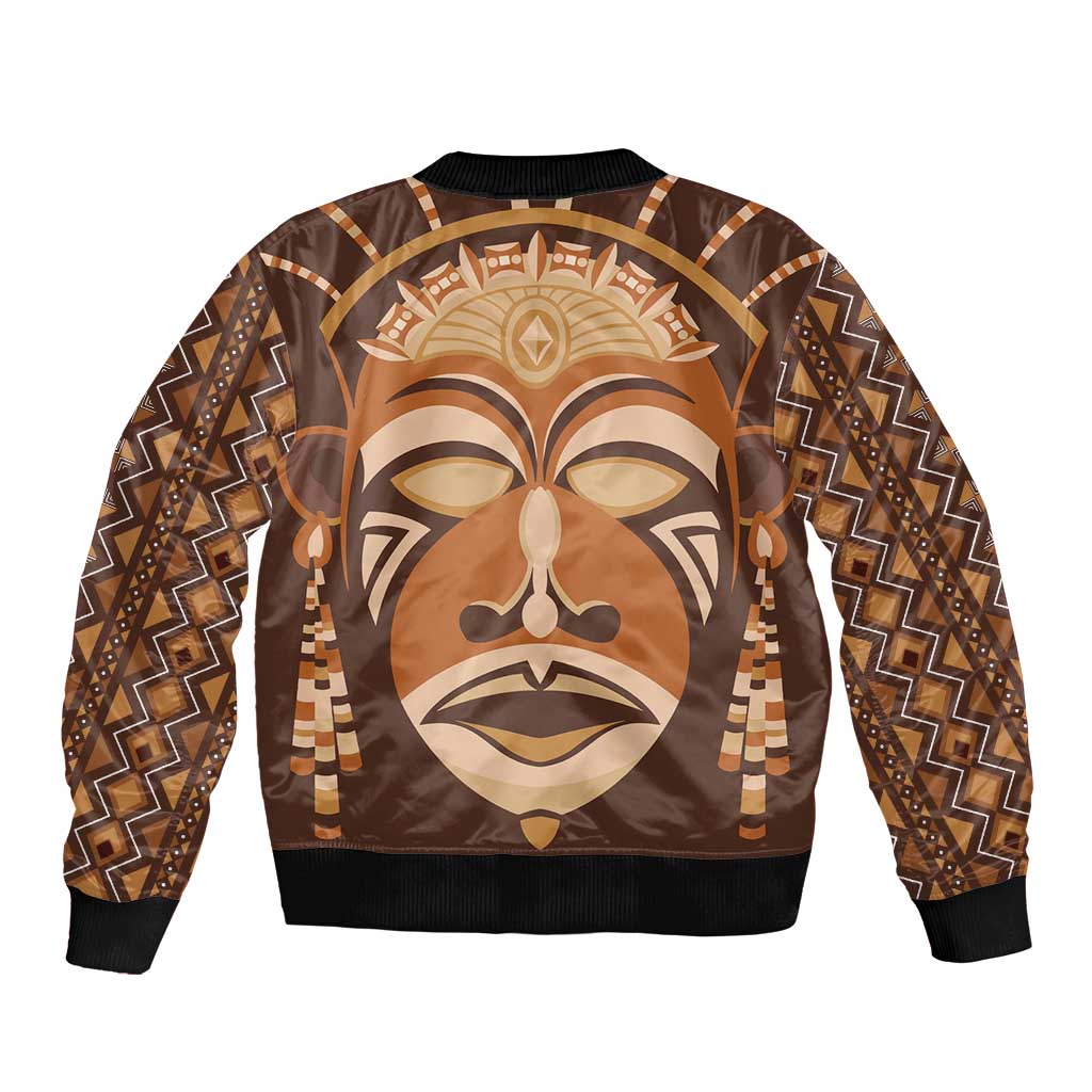Unisex bomber jacket with ribbed collar and hem, tribal face print, front zipper