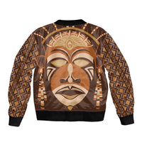 Unisex bomber jacket with ribbed collar and hem, tribal face print, front zipper