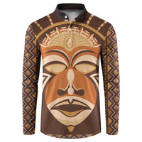 Brown long-sleeve button sweatshirt with printed tribal face mask design and trim details