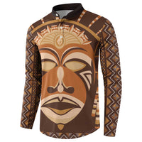 Brown long-sleeve button sweatshirt with tribal face mask print and patterned side panels