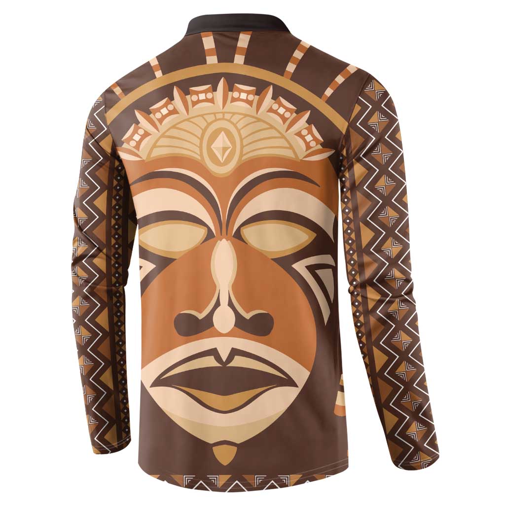 Brown long-sleeve button sweatshirt with back tribal face mask print and patterned borders