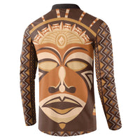 Brown long-sleeve button sweatshirt with back tribal face mask print and patterned borders