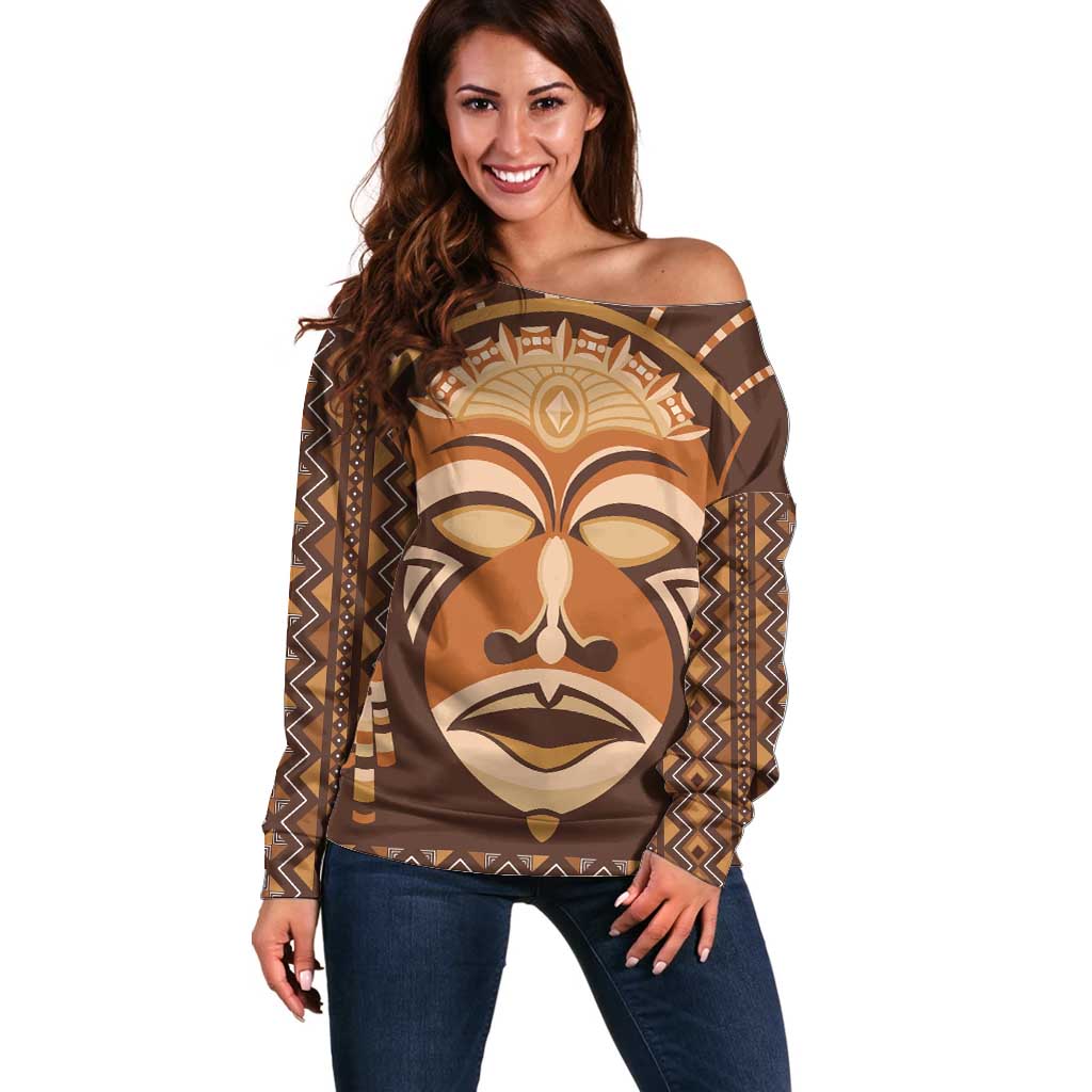 African Mask Printed Mudcloth Off Shoulder Sweater - Wonder Print Shop