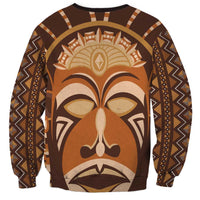 Unisex crewneck sweatshirt with centered tribal mask graphic, long sleeves, brown