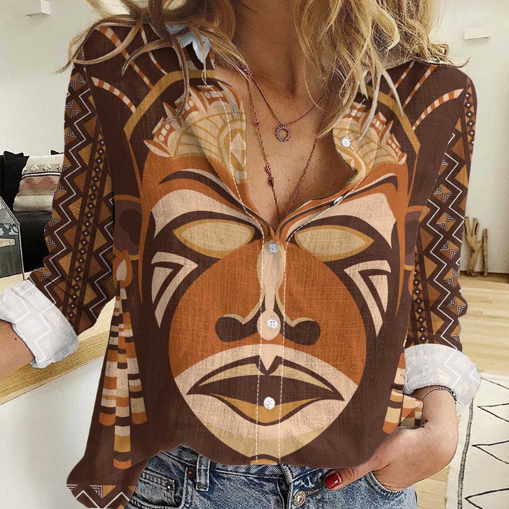 African Mask Printed Mudcloth Women Casual Shirt