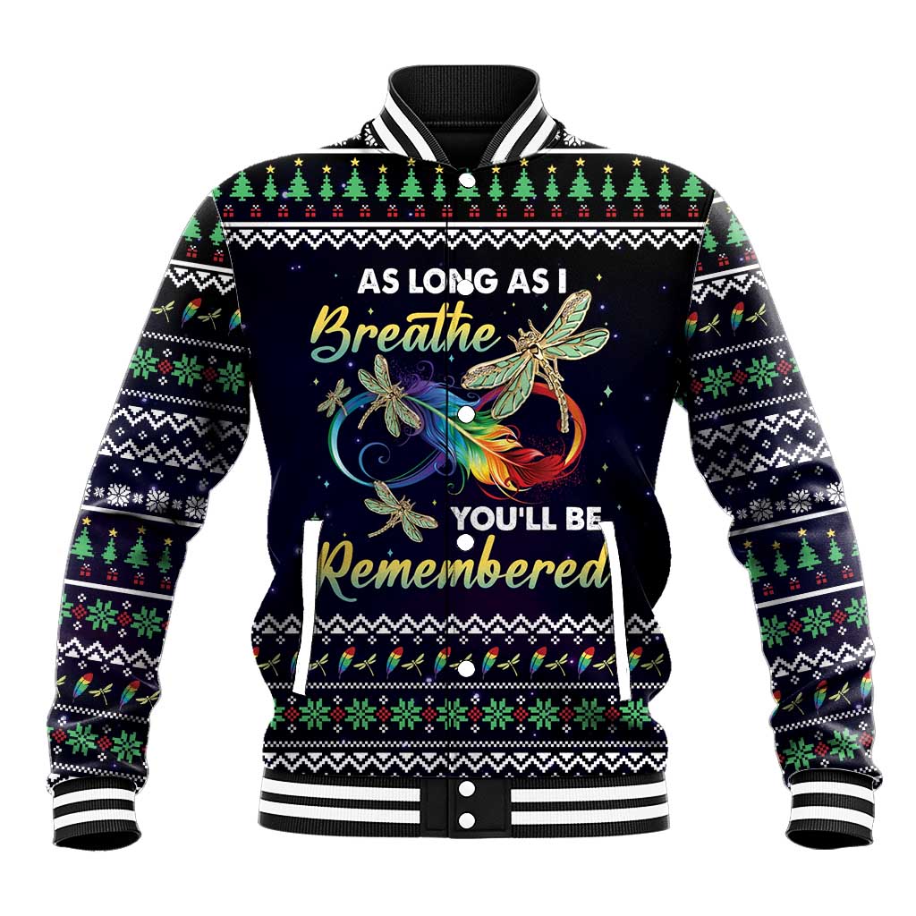 Black baseball jacket with festive knit pattern and angel dragonfly graphic, ribbed collar