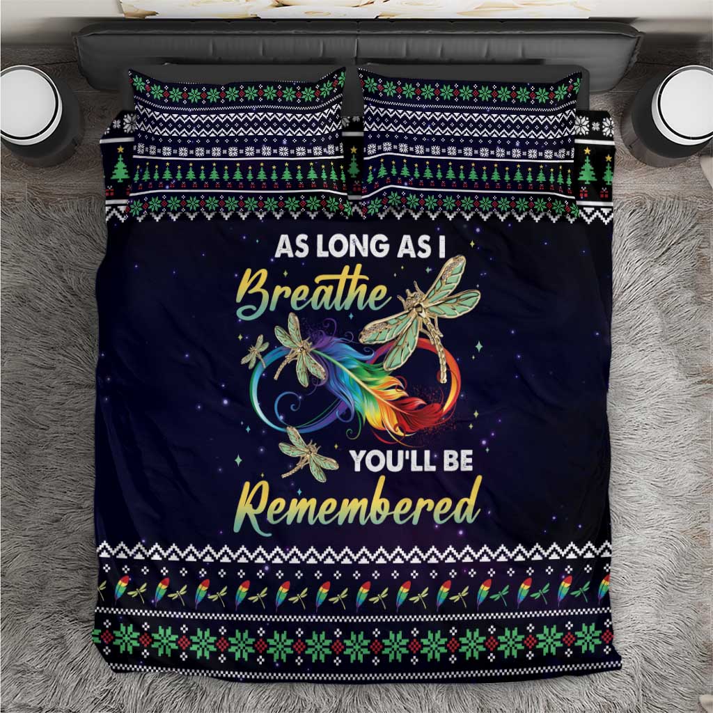 Navy bedding set with dragonfly angel graphic and colorful border, includes two pillowcases