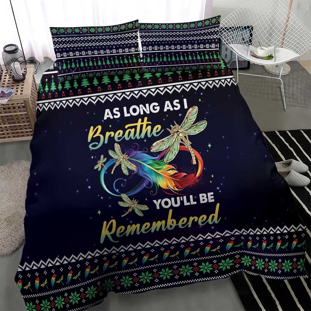 Navy duvet and two pillowcases with dragonfly angel art, 'Breath' and 'Remembered' text