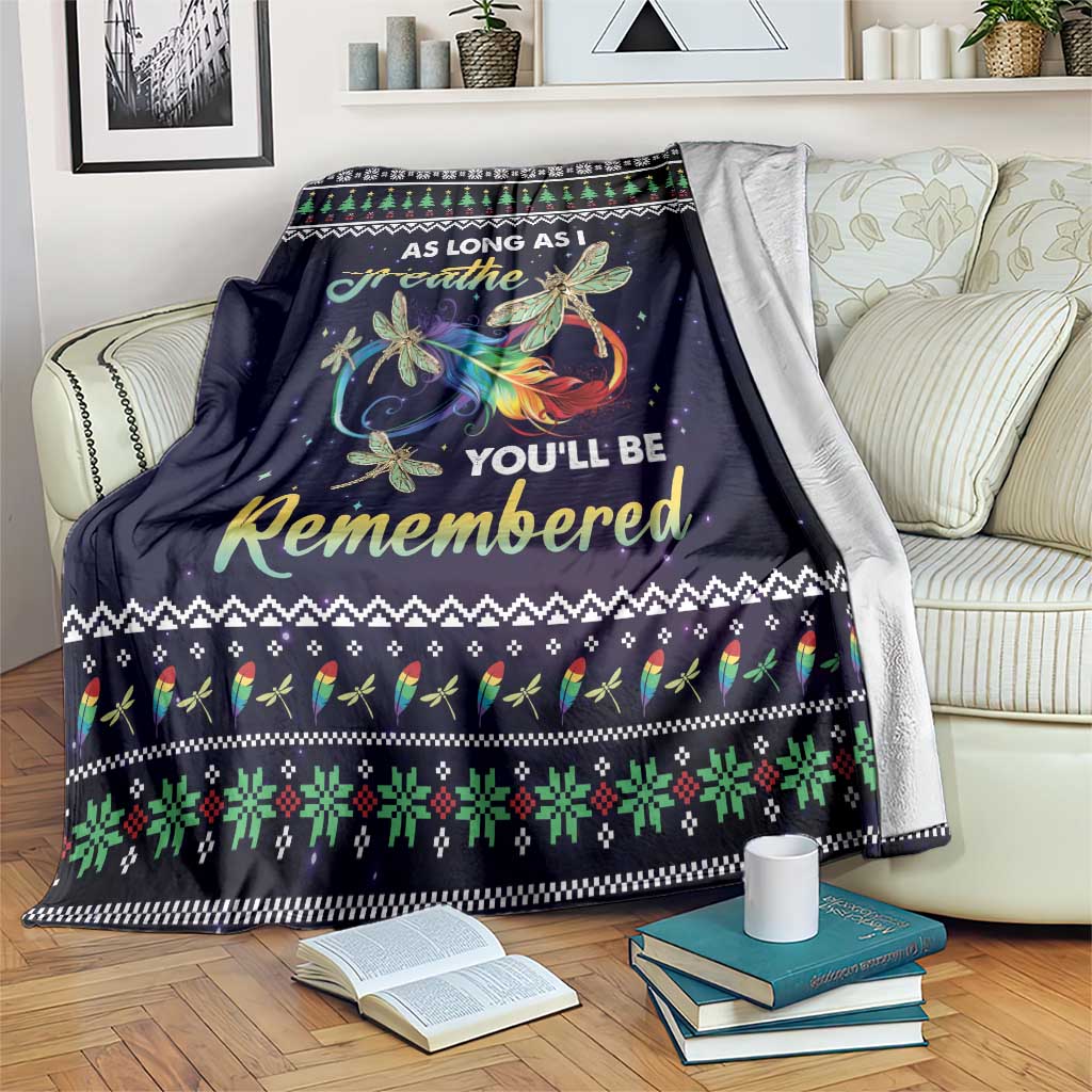 Black dragonfly angel throw blanket with colorful 'As long as I breathe' and 'Remembered' text