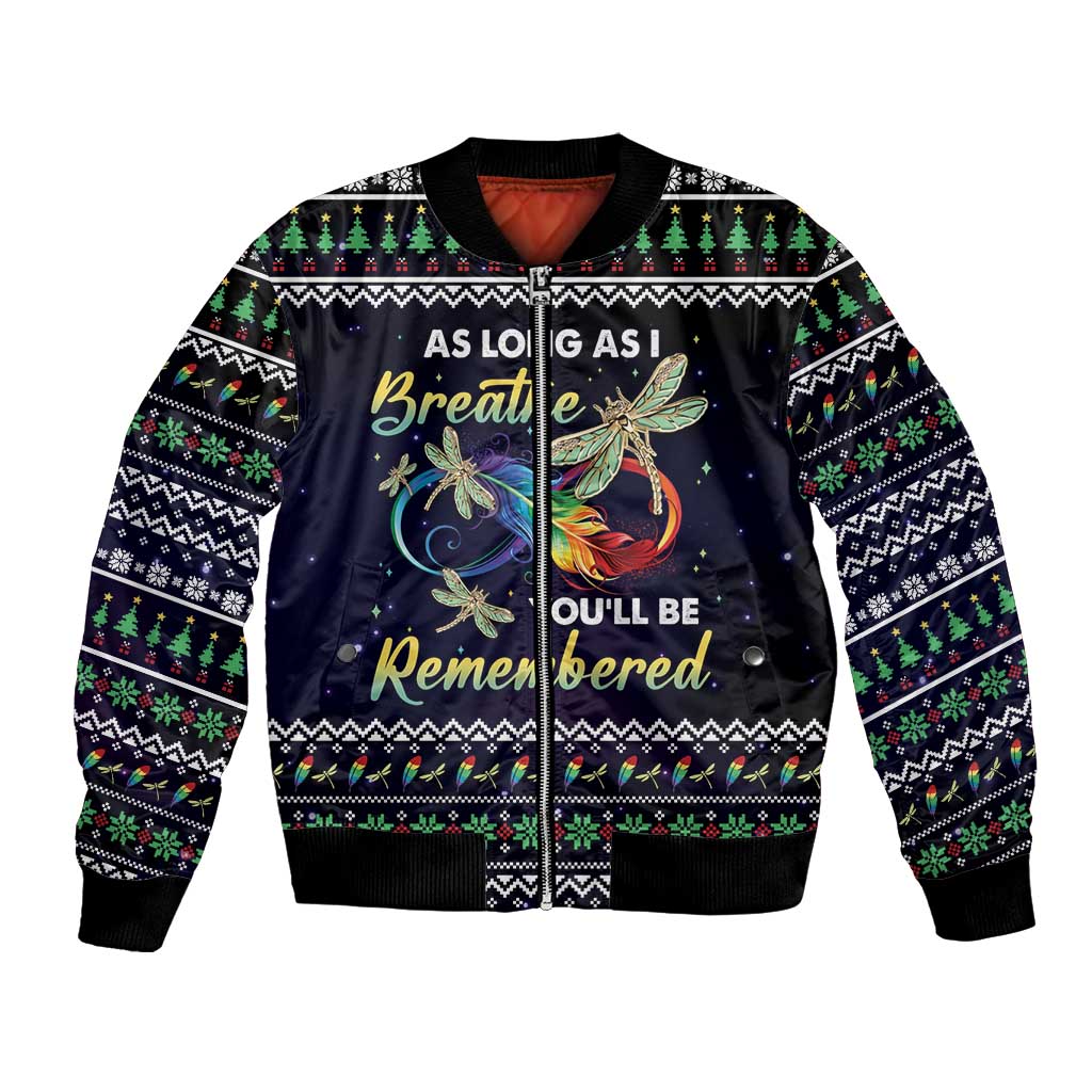 Black bomber jacket with front zipper, angel dragonfly graphic and festive multicolor trim
